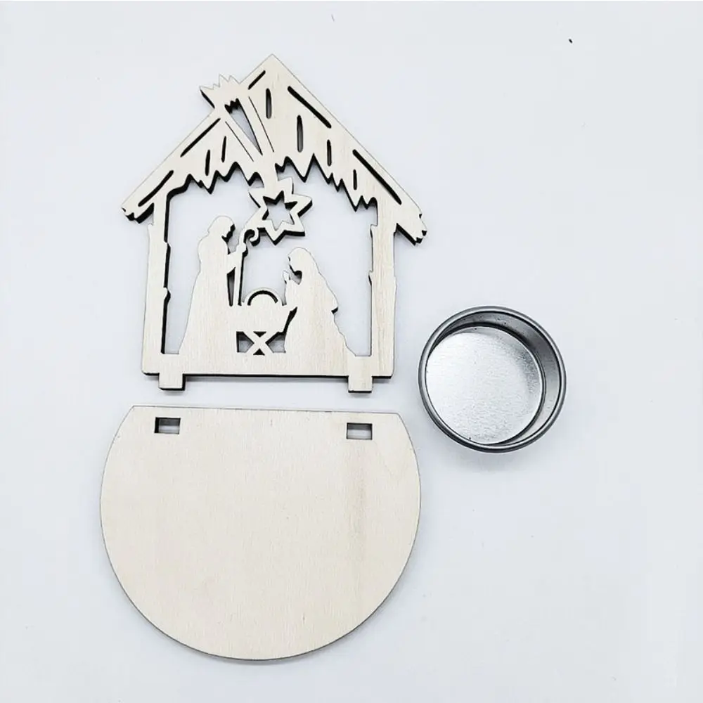 Castiçal religioso de madeira natural, pingente religioso de natal, enfeites de chip de madeira feitos à mão tradicionais