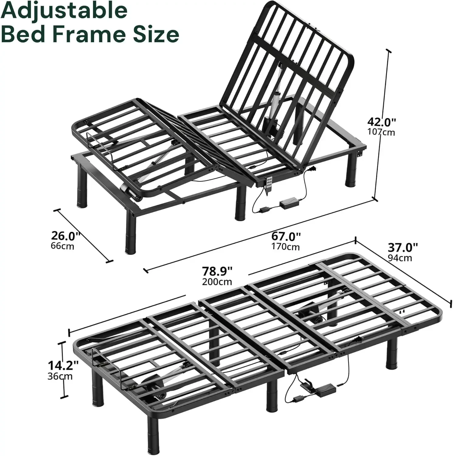 Estrutura de cama ajustável Twin XL, controle remoto com fio, inclinação independente de cabeça e pé, base de estrutura de cama elétrica, cama ajustável L