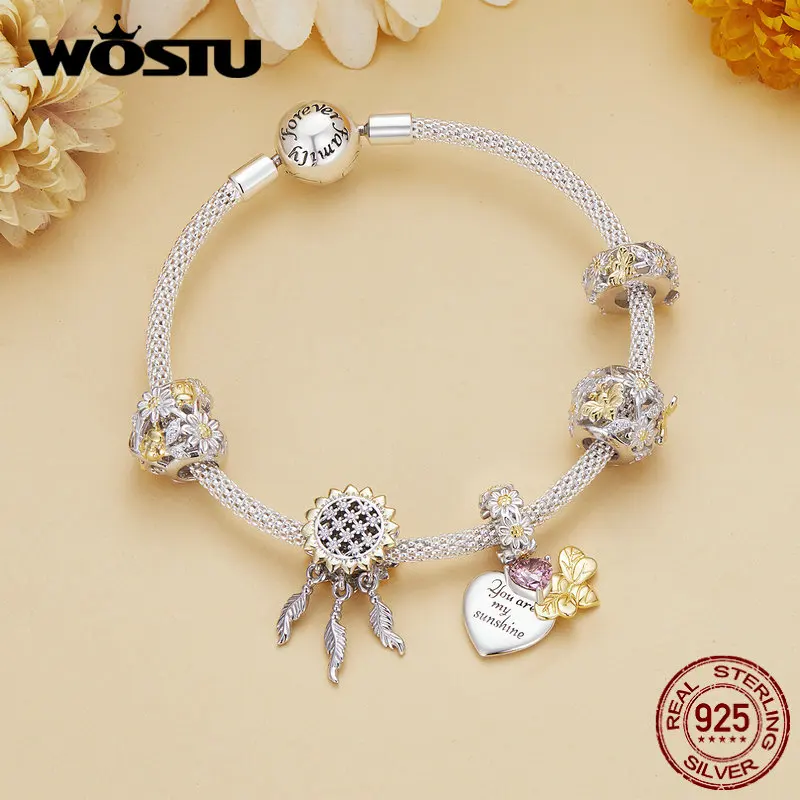 

WOSTU 925 Sterling Silver Gold Sunflower Charm Daisy & Ladybird Bead Bee-Silicone Beads for Women Fit Bracelet DIY Jewelry Gift