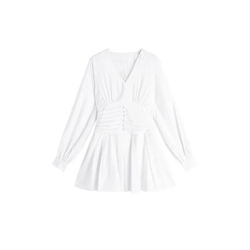 Afbeelding 7: Witte Lantaarn Mouw V-hals Jurk Vrouwen 2023 Lente Koreaanse Zoete Hoge Taille Slim Fit Korte Jurk Elegante Lange Mouw Mini Jurk