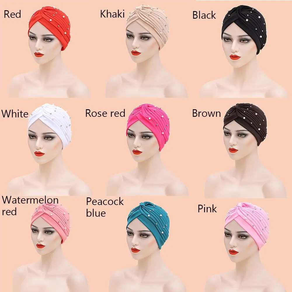 عمامة مسلمة مع طيات لؤلؤ للنساء ، حجاب داخلي إسلامي ، لفافة رأس للعرب ، أغطية رأس عصرية للإناث ، 1: