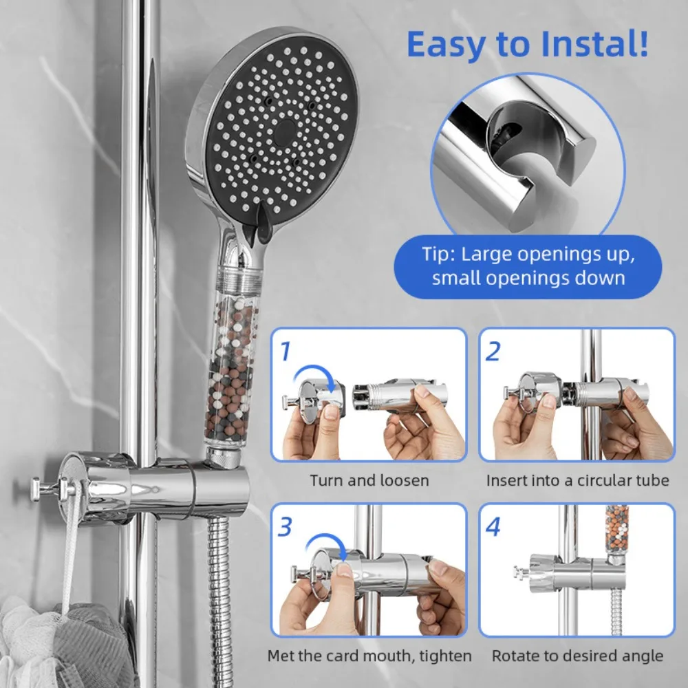 Round Pipe Shower Head Holder Rotatable Adjustable Sprayer Fixed Base Replacement With hooks Bathroom Slide Bar Shelf