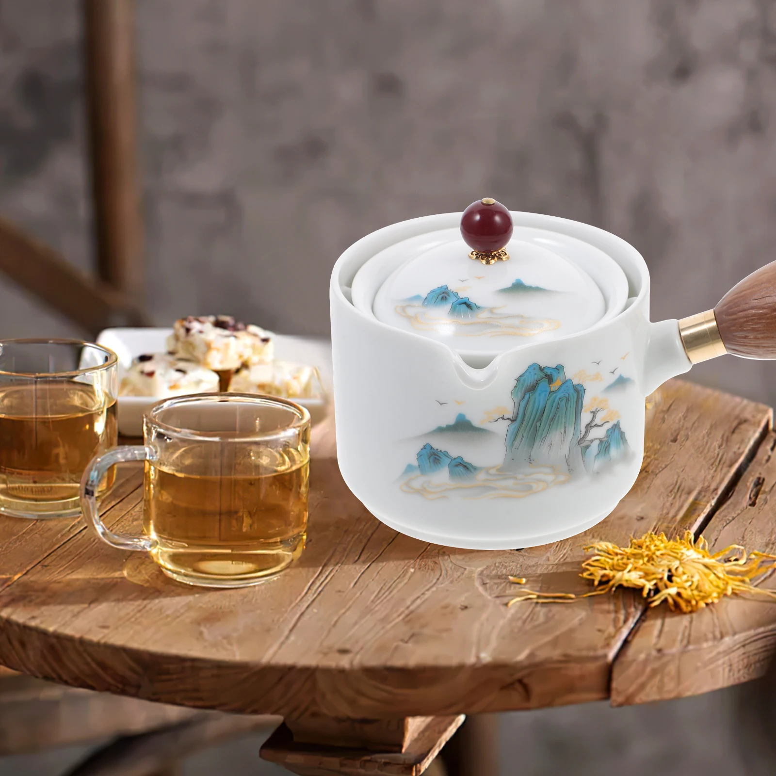 

Side Pot Rotating Ceramic Teapot Wood Handle 360 Degree Loose Tea Brewing Home Office White Smooth Practical Kitchen Bar