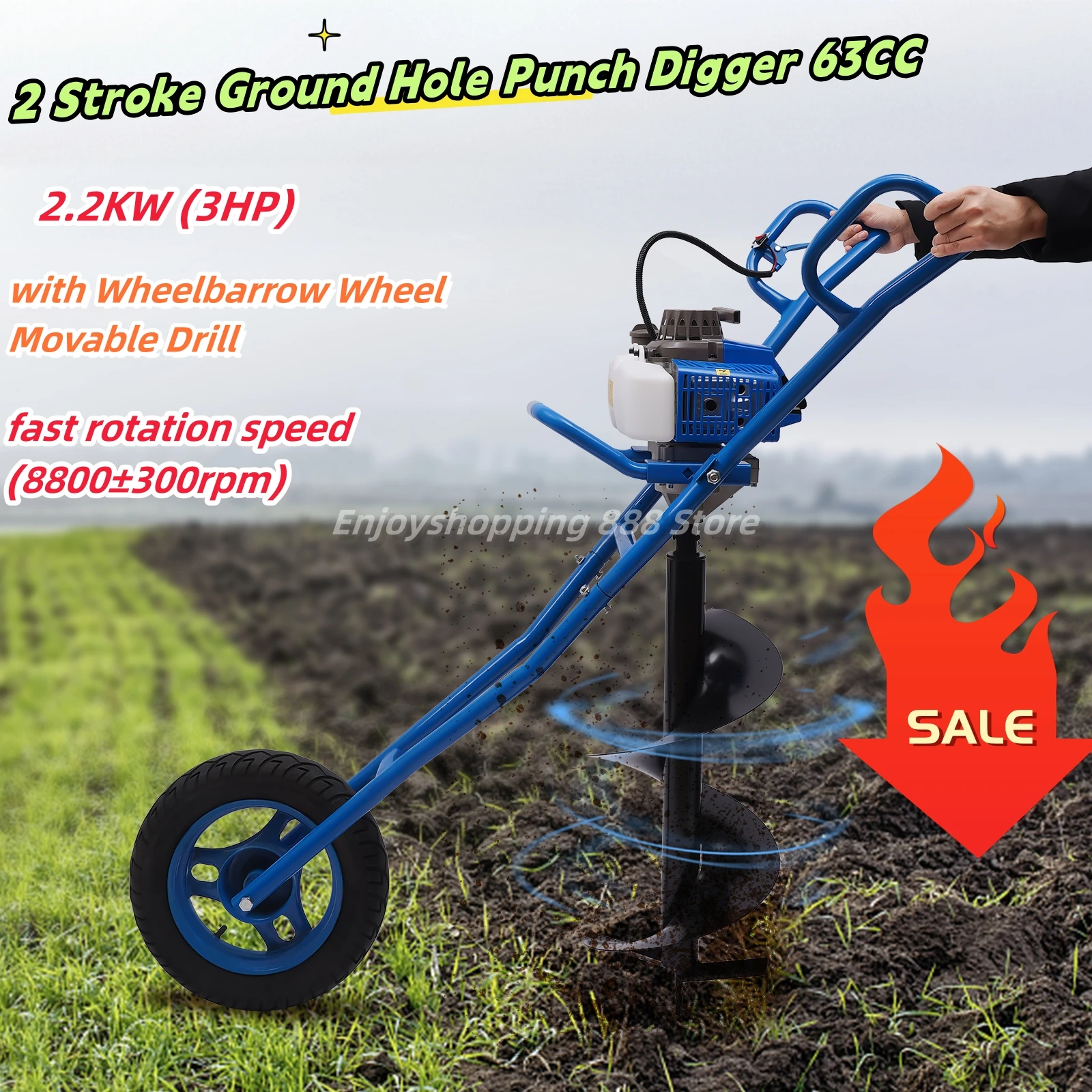 2 Stroke Ground Hole Punch Digger 63CC with Wheelbarrow Wheel  Movable Drill for Earth Burrowing Blue