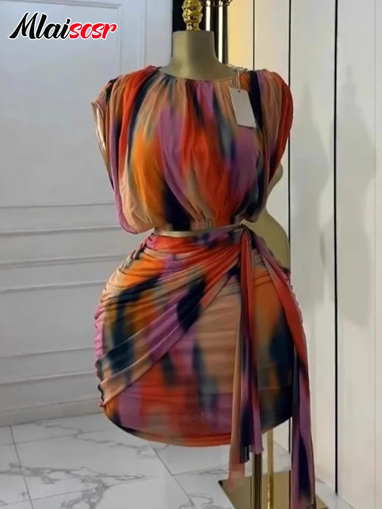 Mlaiscsr Sexy Women's Tie Dye Ruched Sleeveless Crop Top And Mini Skirt Set Night Club Beach Party Outfit 2-Piece Suit Autumn