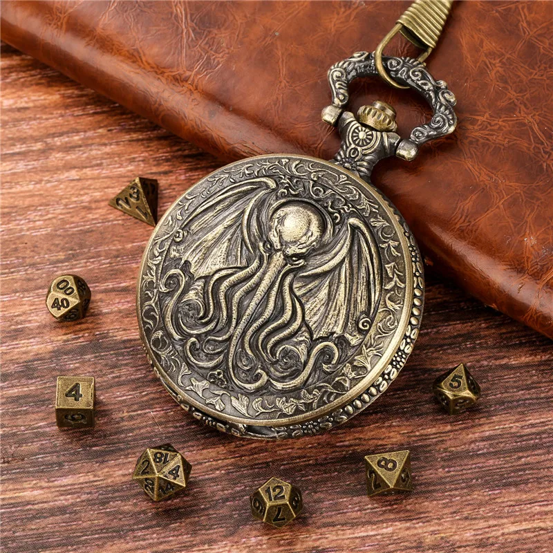 7Pcs/set Mini Metal Polyhedral Dice for Table Board Role Playing Game with Retro Octopus Wings Pocket Watch Case Pendant Chain