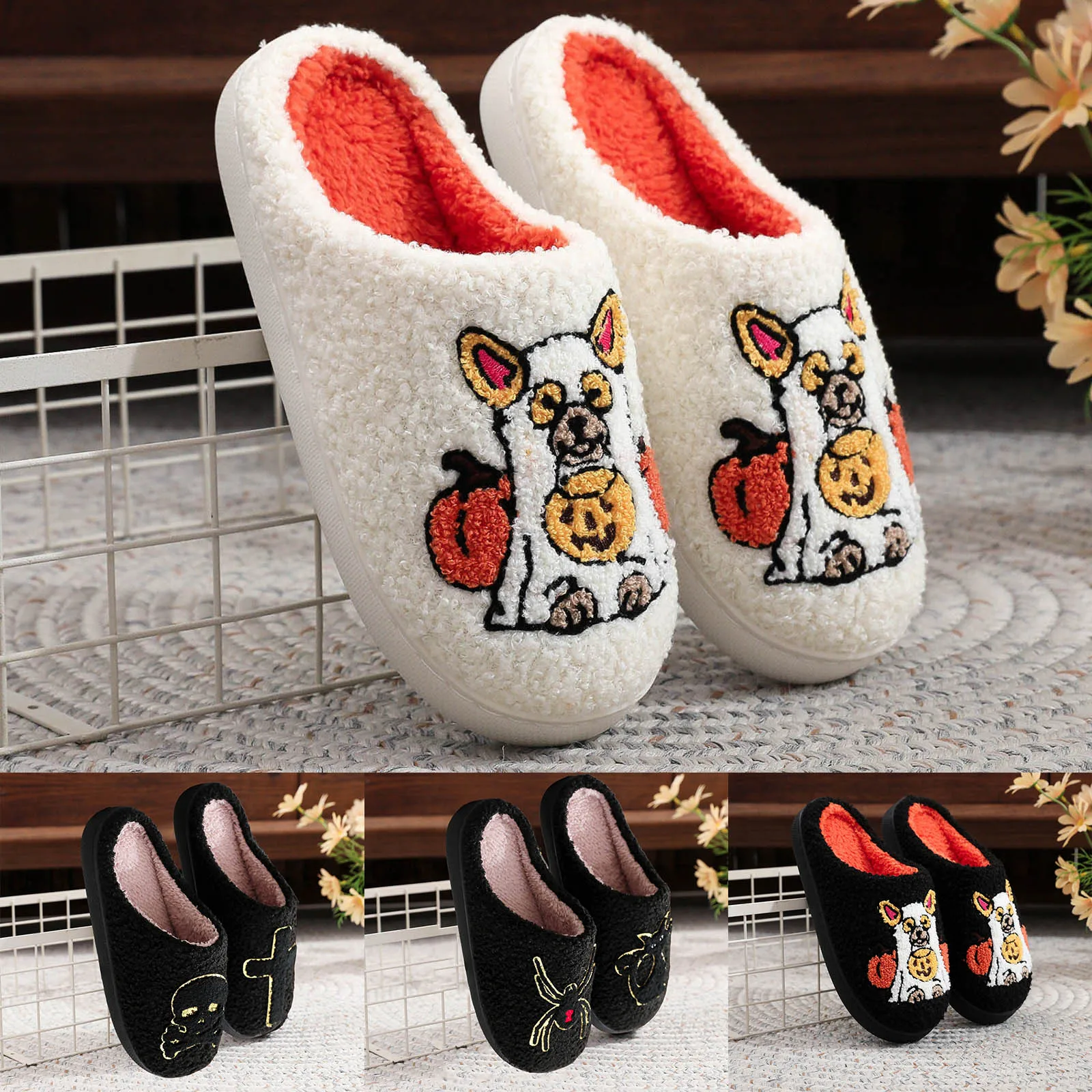 شباشب قطيفة بطابع الهالوين مع شباشب قطنية مطرزة بالكلاب واليقطين، أحذية منزلية مريحة ومغلقة عند الأصابع مفتوحة #1