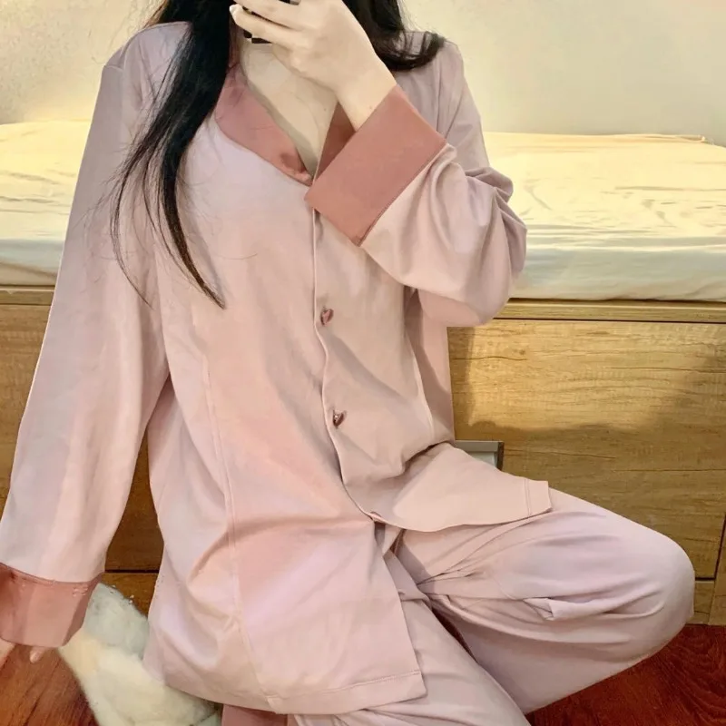 French Contrasting Lapel Long Sleeved Pajamas Women's Spring Autumn V-neck Sleepwear 2024 New Casual Pants Loose Homewear Set