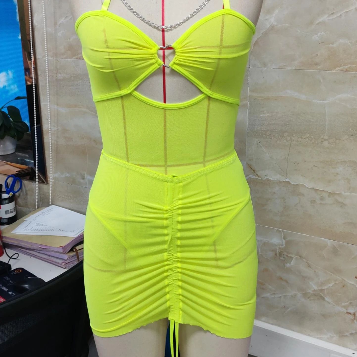 

Women's Naughty Dress Sleeveless Open Back Halter Neck Drawstring Night Dress with Thong