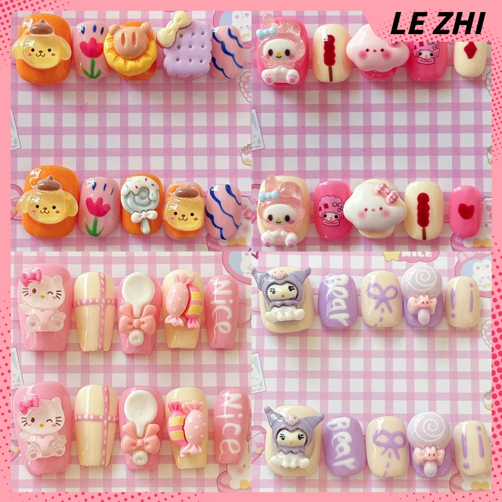 

3D Kawaii Sanrio Hello Kitty My Melody Kuromi Short Handmade Press On Nails Cute Lollipop Flower Spoon Cake Reusable False Nail