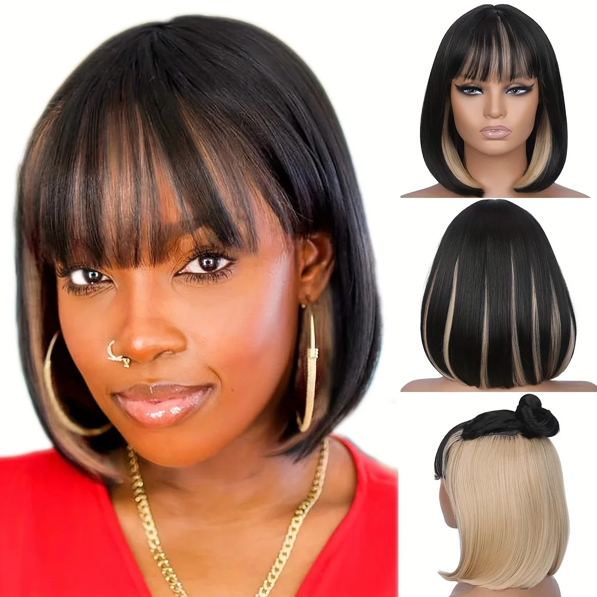 

Wigs for women wig with bangs hot selling chemical fiber high temperature silk highlights straight hair bob wig head wig