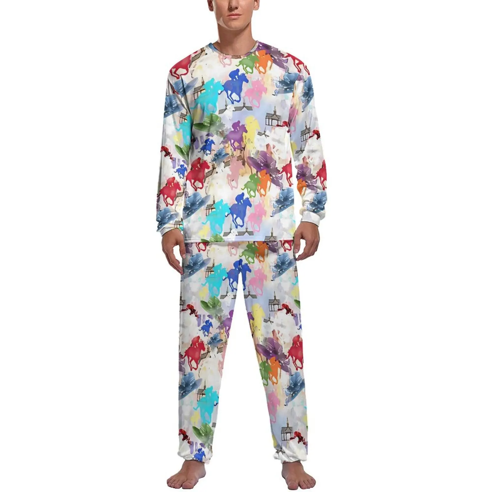 Off to The Horse Races Pajamas Long Sleeves Colorful Animal 2 Pieces Casual Pajamas Set Spring Men Graphic Cool Sleepwear