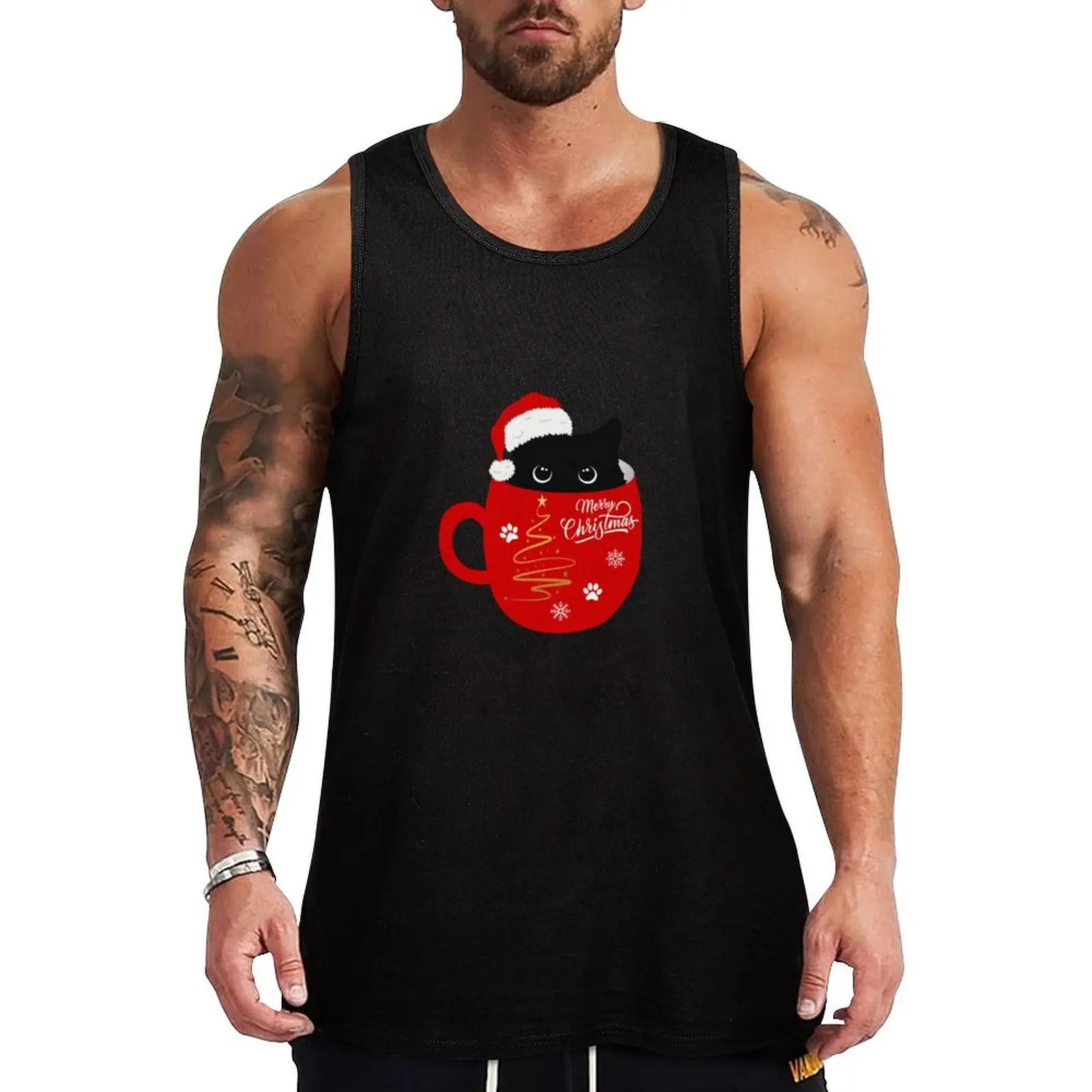 

Santa Black Cat Tangled Up In Christmas Tree Lights Holiday Tank Top basketball gym t shirt men sports t-shirts for men