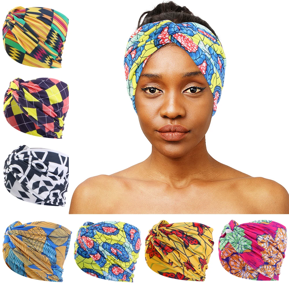 Nowe damskie afrykańskie drukowane Twist opaska na głowę opaska do makijażu Headwrap szerokie rozciągliwe nakrycia głowy Turban damskie akcesoria do włosów