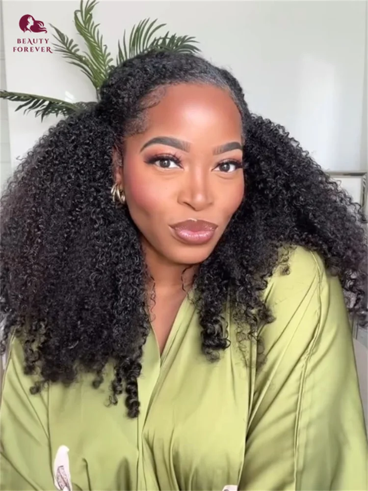 

Beautyforever Afro Curly 2x4 Minimal Real-Part Lace 3/4 Half Wig Put On And Go Kinky Curly Human Hair Wigs With Drawstring