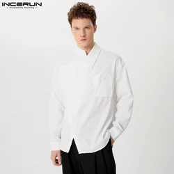 INCERUN-Blusa de manga larga para hombre, camisa informal de estilo Simple, con solapa Diagonal, color sólido, S-5XL