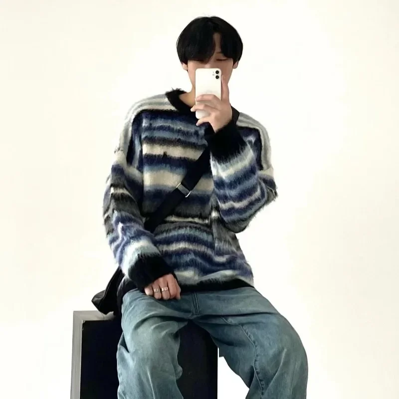 TINT ERA Striped Men\'s Knitted Sweater Men Top Harajuku Pullovers Sweaters and Jumpers Male Hip Hop Retro Japanese Streetwear