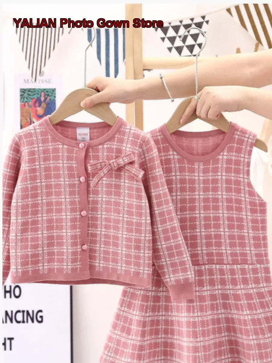 Girls Two-Piece Set Girls Autumn Knit Cardigan V-Neck Plaid Pattern Vest Dress Kindergarten Age 36