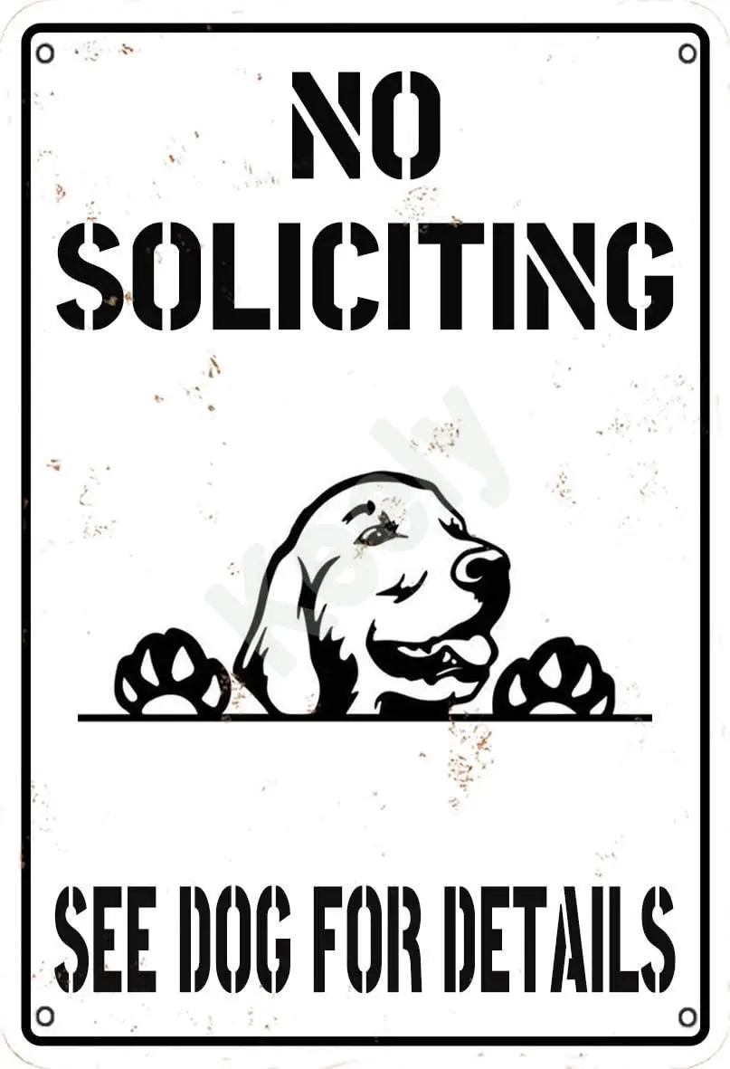 No Soliciting See Dog for Details Golden Retriever Metal Vintage Tin Sign Wall Decoration 12x8 inches for Cafe Bars Restaurants