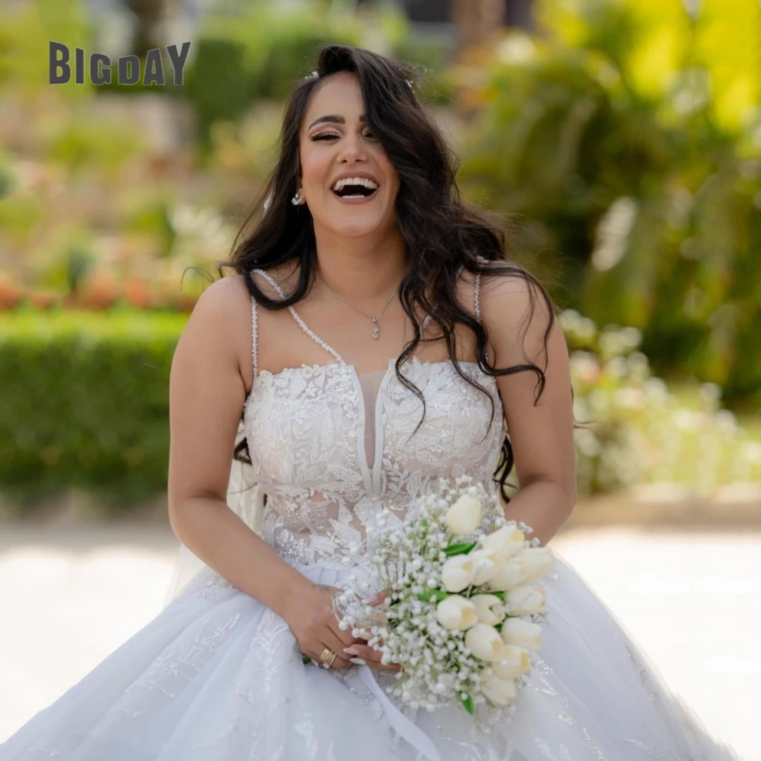 Plus size vestido de casamento para mulher cintas de espaguete a linha sem mangas rendas apliques vestido de noiva trem varredura personalizado