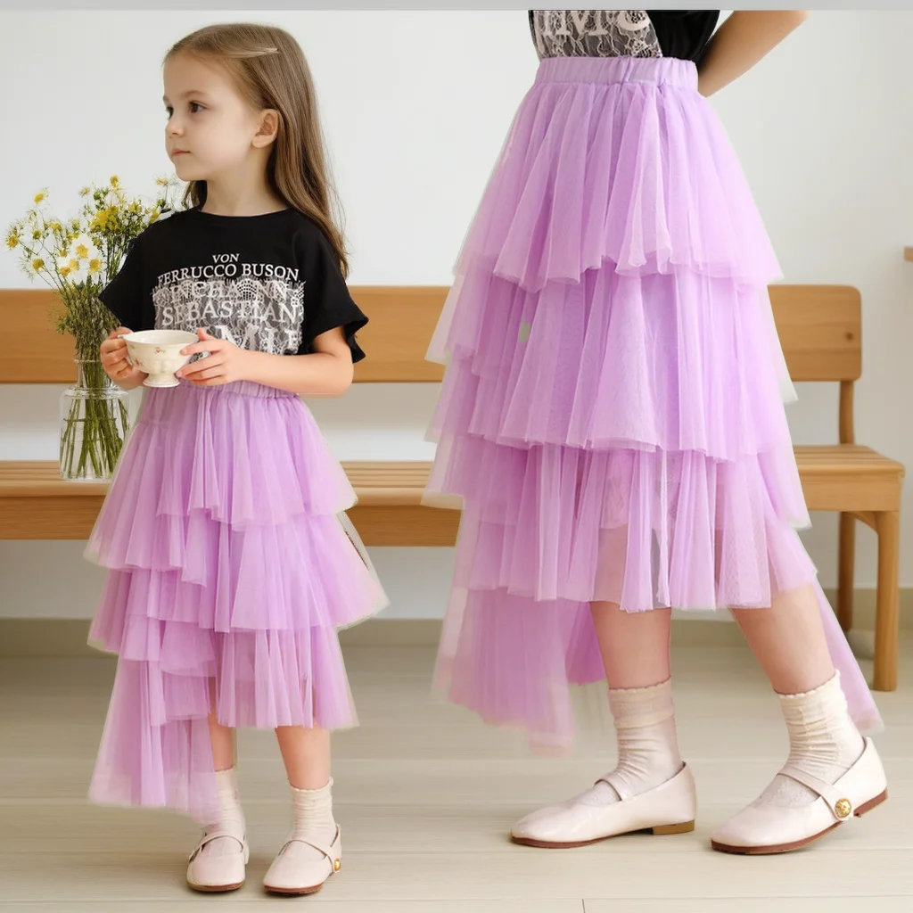 

Purple Teen Girls Tulle Layered Skirts Elegant Long Flowy Princess A-Line Tiered Skirt Kids Casual Versatile Asymmetrical Skirt