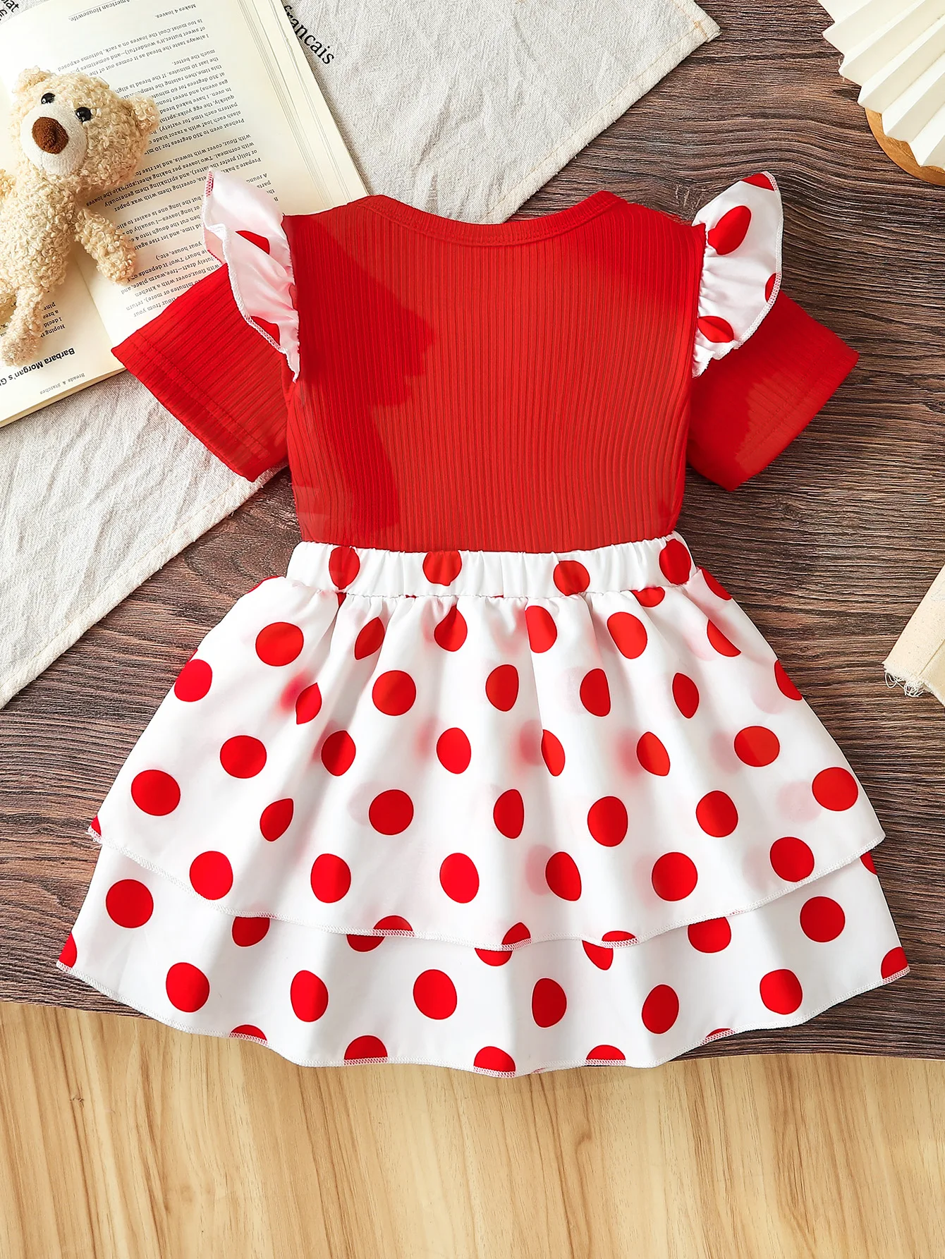 1pc Summer Girls Polka Dot Bear Embroidery Dress, Ruffle Sleeve Layered Skirt, Sweet Cute Style, Daily/Party Wear, 0-3Y, Breatha