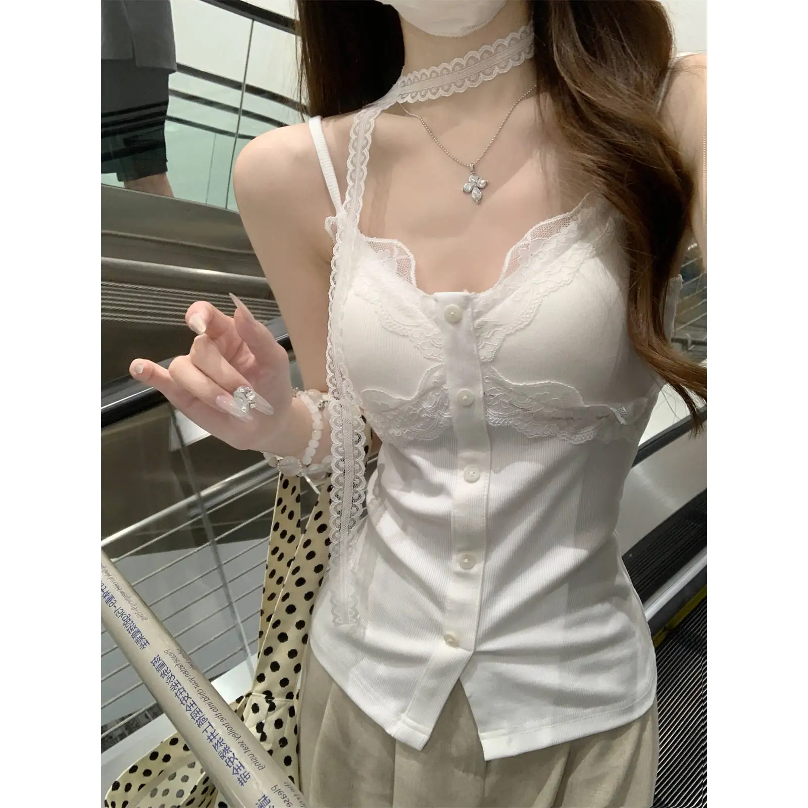 

Women Clothing Summer Camisole with Breasted Vest Tank Top with Lace Strap for Outwear Slim Clothingfor Female Waistcoat