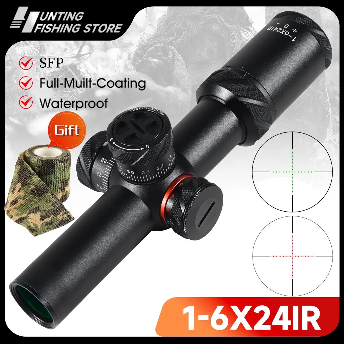 1-6X24IR Red Green Illuminated Reticle Rifle Scope with 30mm Tube Waterproof Fog-Proof Rugged Tactical Hunting Collimator Sight