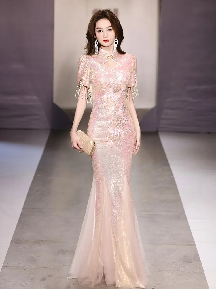 Chinese-style cheongsam light luxury niche high-end toasting pink sequined sparkling host dress