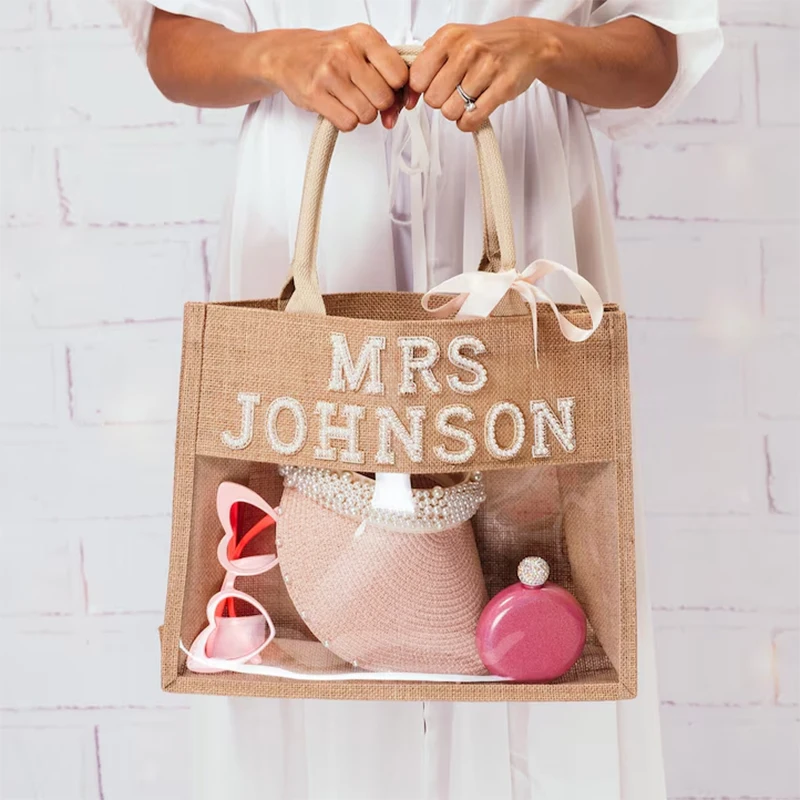 Custom Mrs Transparent Tote Bag beach wedding engagement Bachelorette hen Party Bridal Shower Honeymoon Gift Bride to be Present