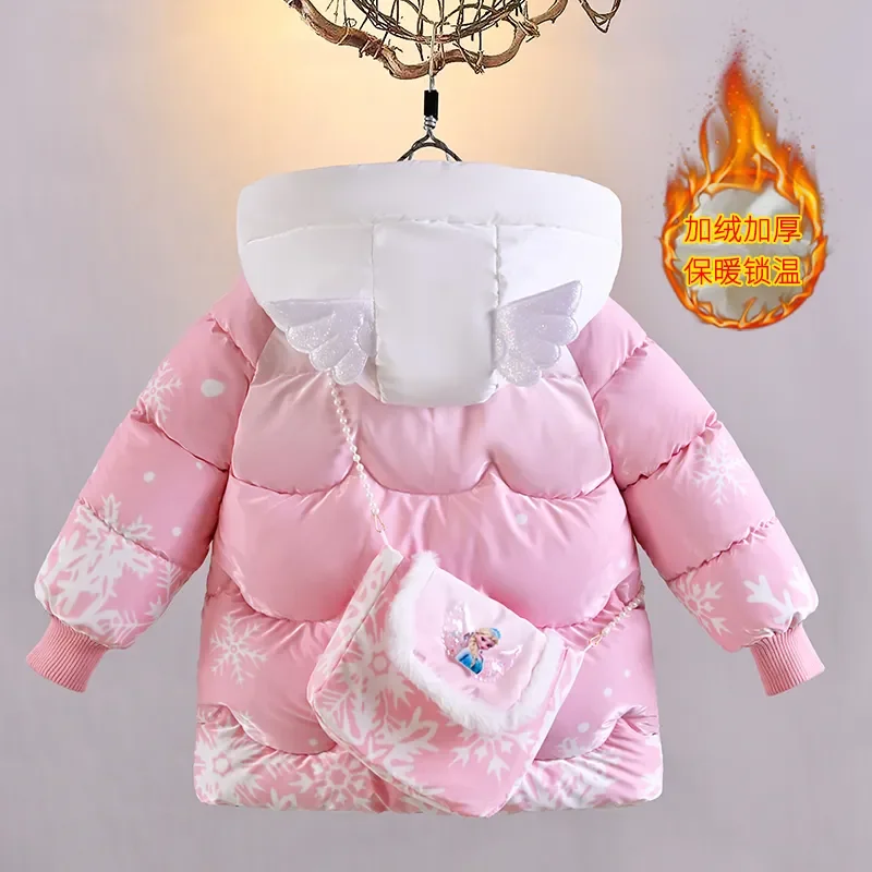 2024 Winter Baby Girls down Jacket Children Frozen Elsa Hooded Coats with Bag Kids Warm Plush Windbreaker Coat Princess Costumes