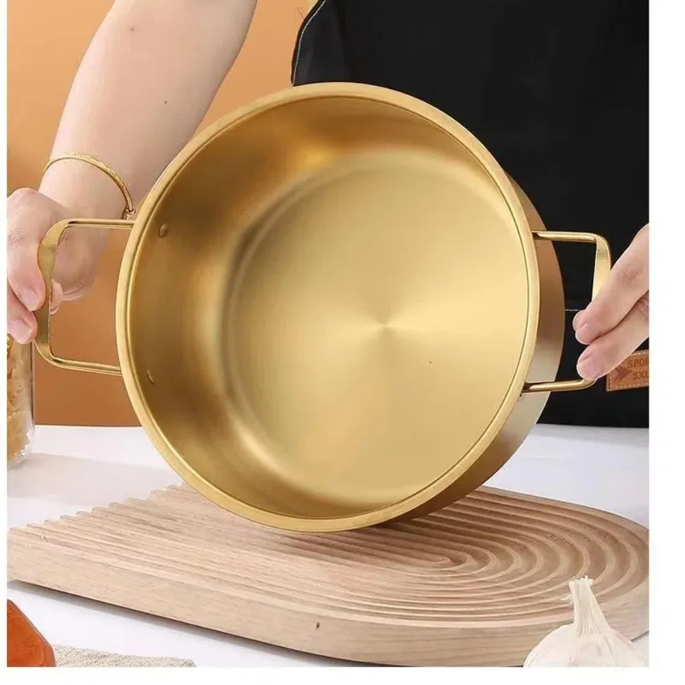 New Mini Ramen Pot Stainless Steel with Lid Soup Pot Gold Plated Double Ear Hot Pot Camping Cookware