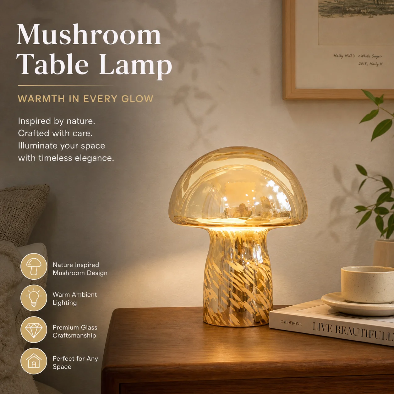 WWPPU Retro Glass Mushroom Table Lamp Creative Decor Bedside Light For Bedroom Indoor Use