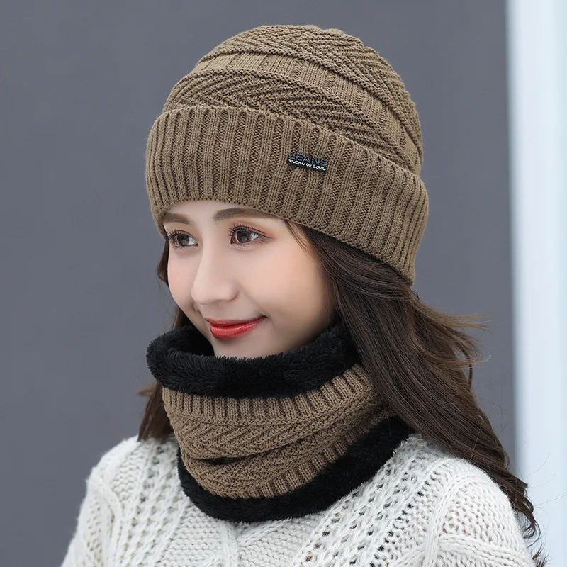 Elegante conjunto de 2 piezas para mujer, gorro térmico de lana, bufanda de punto suave, pasamontañas, calentador de cuello, gorros de invierno