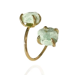 Irregular Green Aventurine Open Ring for Women Girls Claw Setting Gold-color Boho Rough Natural Stone Finger Jewelry Resizable