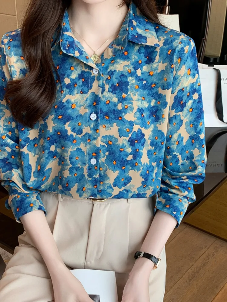 #3183 Blue Pink Vintage Long Sleeve Shirt Women Full Floral Printed Long Sleeve Shirt Femme Loose Thin Chiffon Blouse Femme