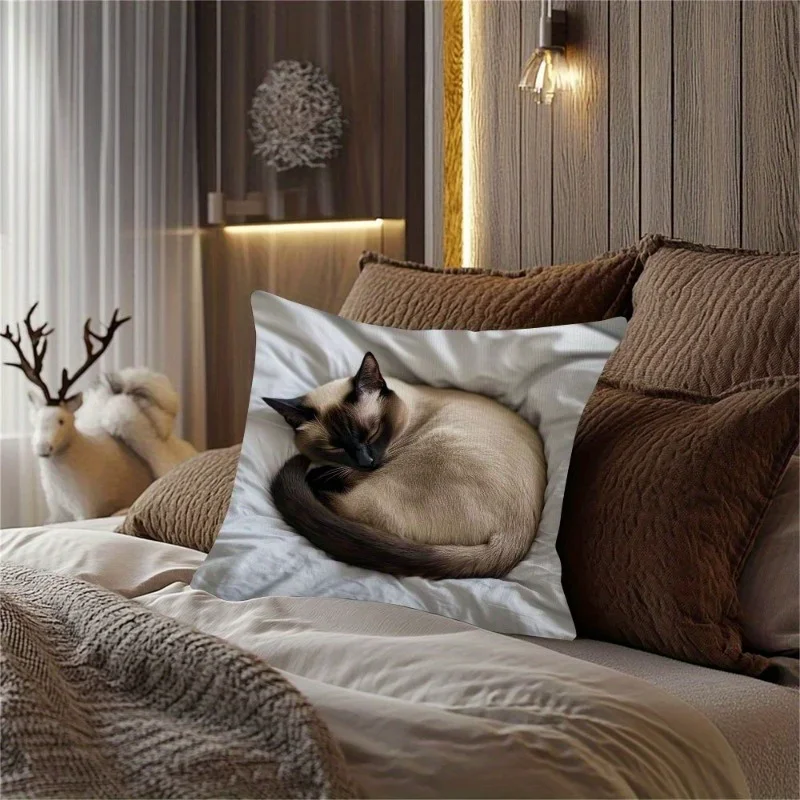 Fundas de cojín con diseño de gato siamés, funda de almohada para silla, sala de estar, fundas de almohada acogedoras con