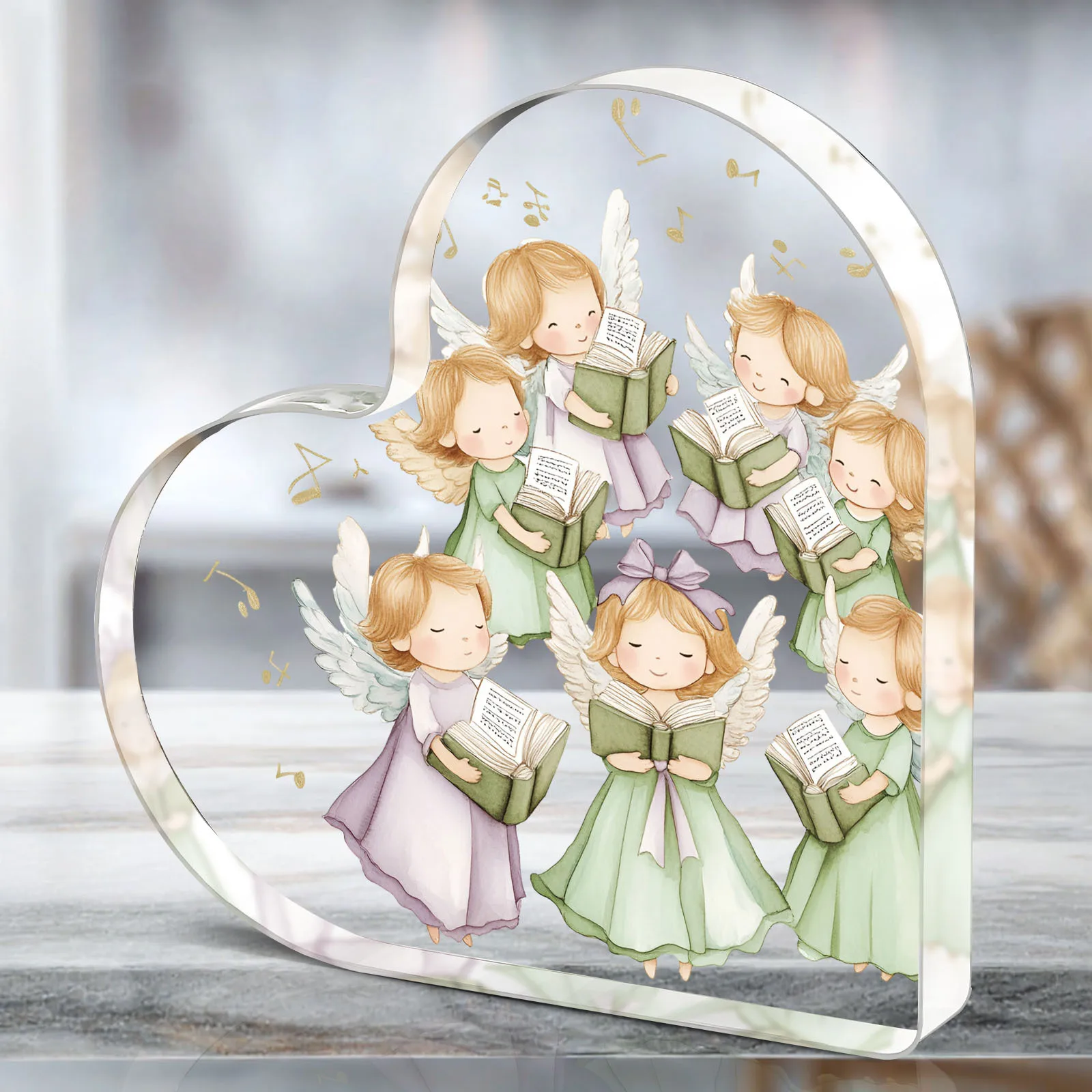 2D Flat, 1pc Heart-Shaped Angel Choir Acrylic Ornament with Cherubs - 2D Flat Angel Decor Suitable for Christmas, Thanksgiving, Religious Occasions - Angel & Cherub Desktop Decor for, Church, Office - Thoughtful Gift for Family & Friends, 2D Flat