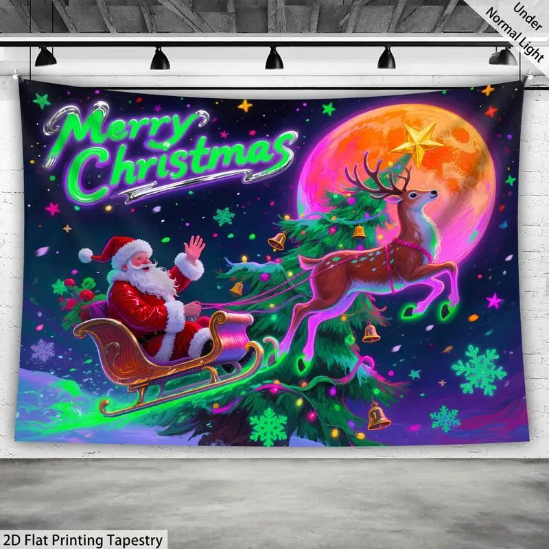 VIKAMA Fluorescent Santa Sleigh Tapestry Reindeer Neon Glow Wall Art Xmas Holiday Decor for Dorm Room Party Room