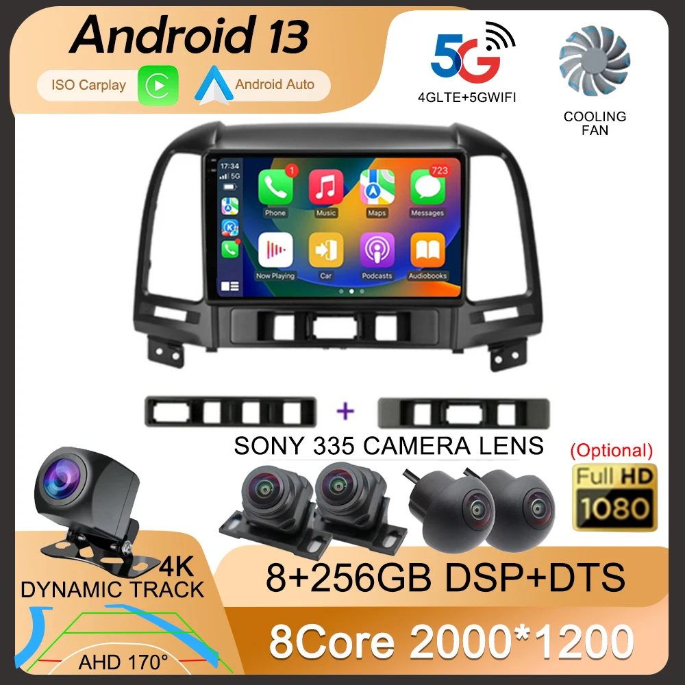 Radio samochodowe Android 13 dla Hyundai Santa Fe 2 2006-2012 Carplay 4G samochodowy odtwarzacz multimedialny nawigacja GPS 2 Din Radio samochodowe Stereo BT