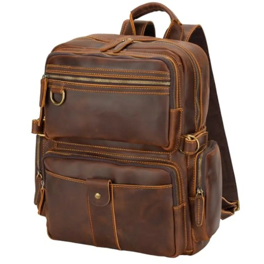 Mochila de cuero para hombre, mochila para portátil de 15.6 pulgadas, mochila de cuero de primera calidad 100 Madagascar, color marrón, tamaño grande