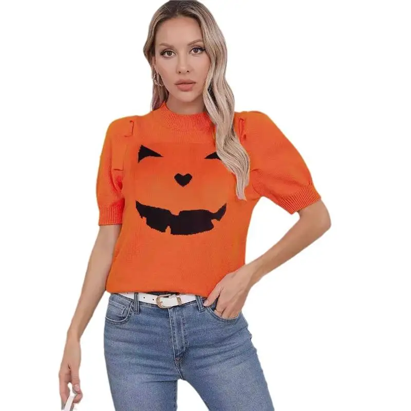 

loween Cross-Border Knitted Top Slim Fit ort Sve round Ne Pure Color Sweater Women's Independent Station Pumpkin Sm...