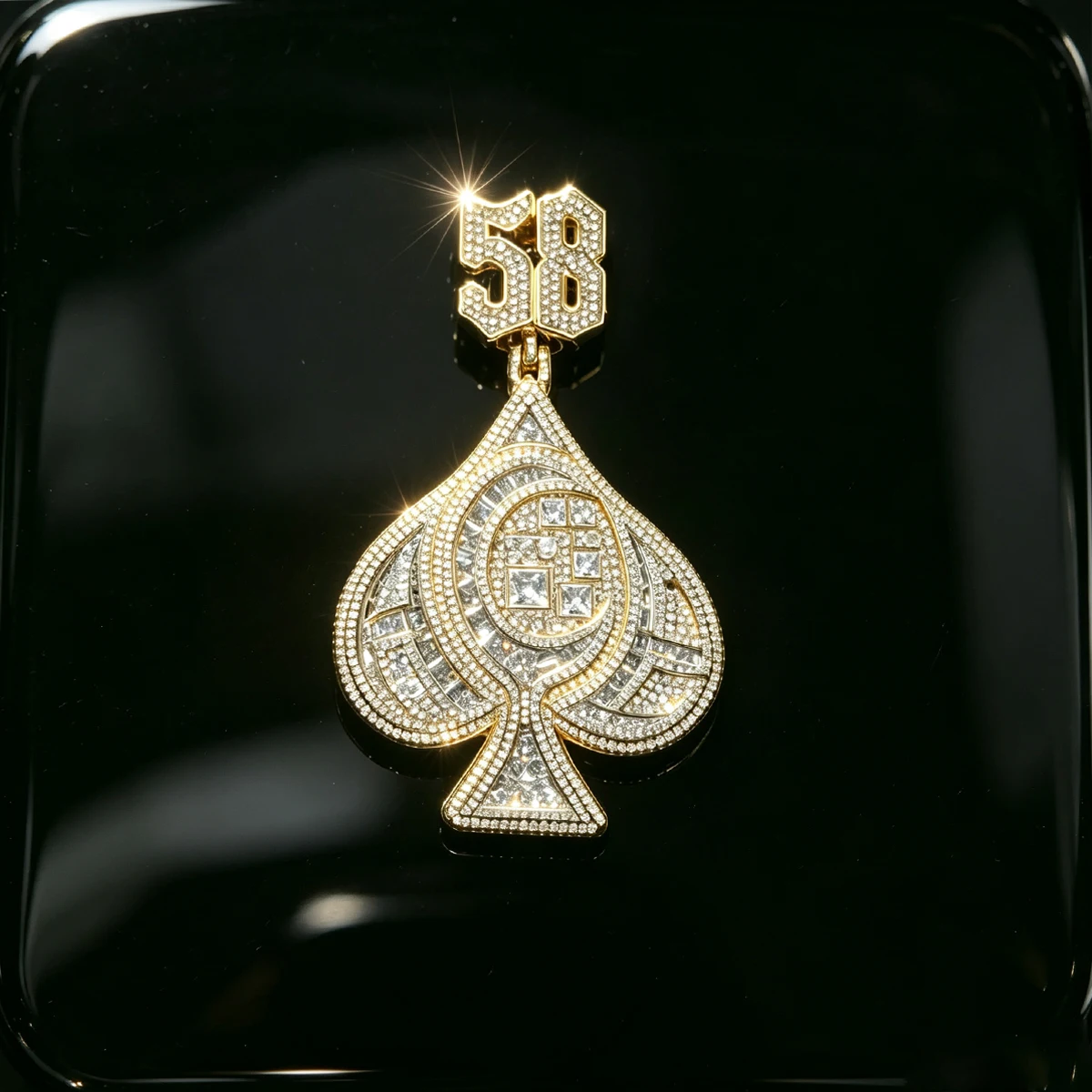 18K Gold Plated Iced Out Spade Design With Number 58 Pendant Luxury Jewelry For Men Rapper Streetwear Cuban Chain Accessory Sparkling Statement Pendant Fine Jewelry Gifts for Men Boy Friends Daily Party Performance Hip Hop Bling Zircon Charm Necklace