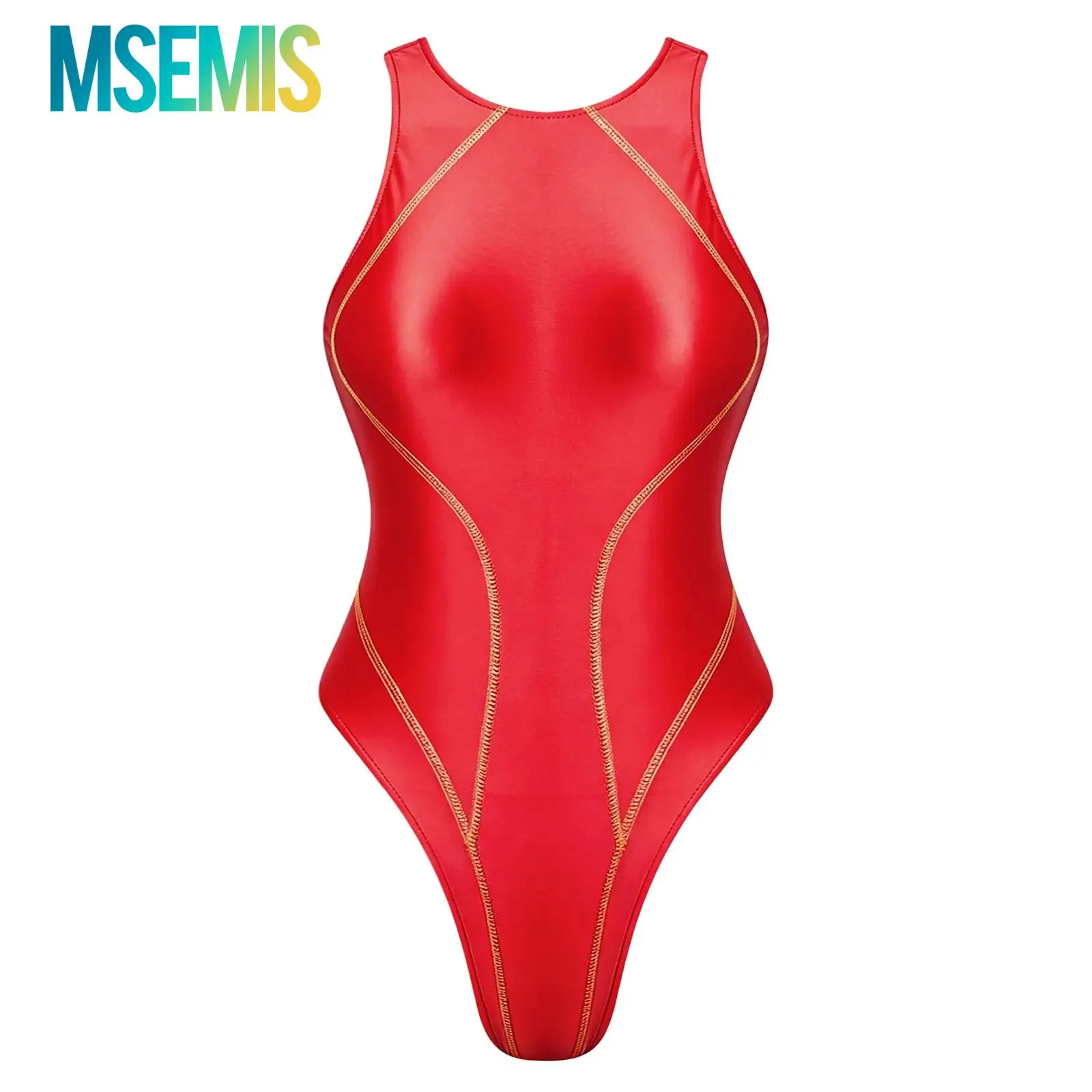 

Women' Swimsuit Oil-shiny One Piece Swimwear Glossy Color Blocking Seams Sleeveless High Cutting Bodysuit Swimming Bathing Suit
