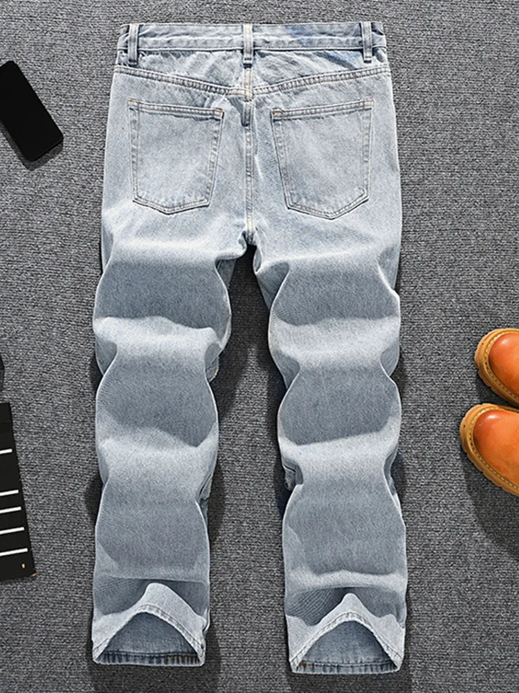 

European and American trendy high street retro distressed patch loose straight leg jeans men's patchwork design wide leg pants