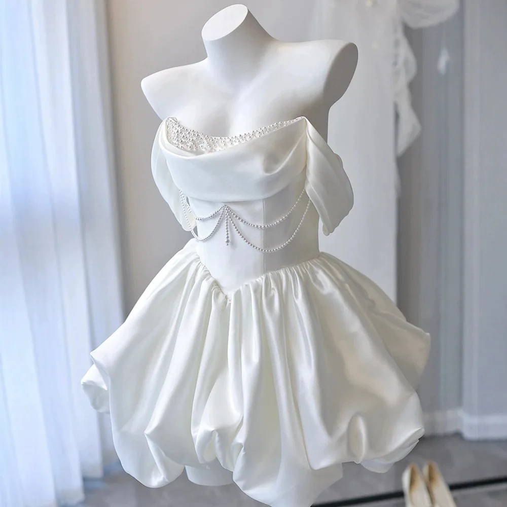 New Off-shoulder Strapless lightweight wedding dress short style engagement dress birthday party banquet white cocktail dress46