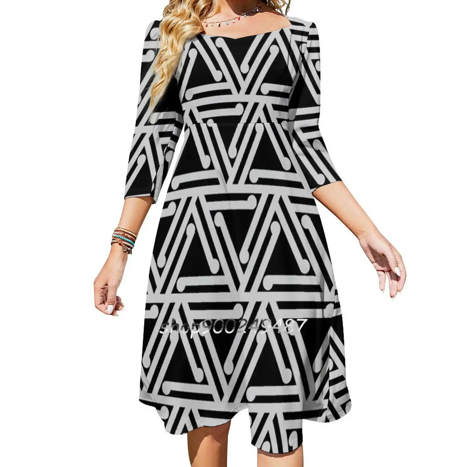 

Ahuriri Summer ( Contour ) Flare Dress Square Neck Dress Elegant Female Fashion Printed Dress Maori Maoridesign Contours Rythym