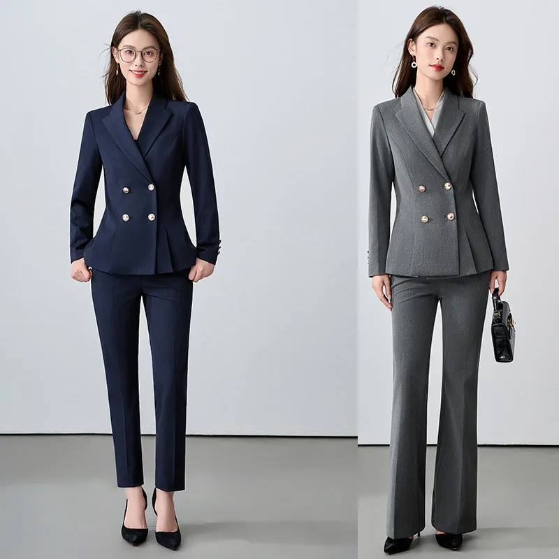 Double-Breasted Elegant Commuter Professional Suit Jacket Slim Fit Navy Blue Manager Workwear Hotel Reception Uniform