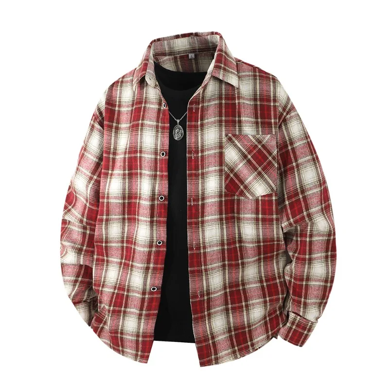 Mens Spring and Autumn Long-sleeved Checked Shirt Jacket Mens Shirt Autumn Clothes Versatile Casual Thin and Retro Shirt Jacket