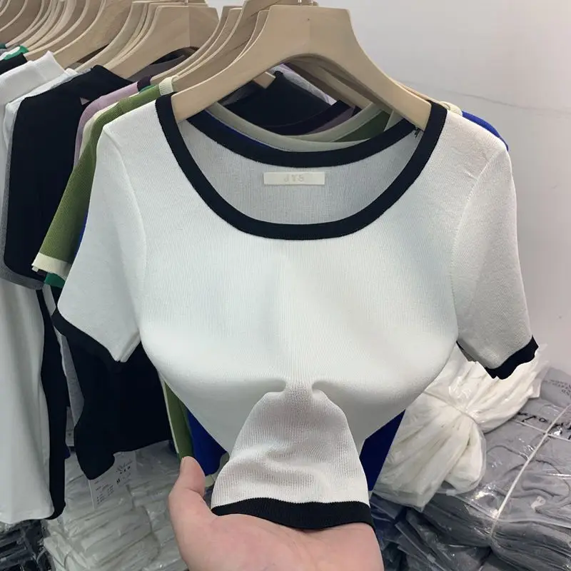 Contrast Color Ice Silk Short Sleeve T-shirt Women\'s Summer New 2024 Sweet Knit Base Shirt Small Short Top Green